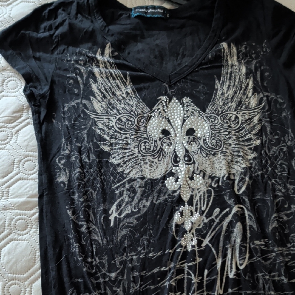 Black Tee with Wing and Rhinestone Design